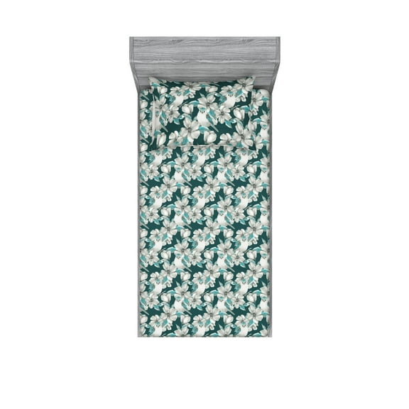 Bird Print Fitted Sheet & Pillow Sham Set, Goldfinch and Floral Spring Branches Vintage Watercolor Garden, Decorative Printed 2 Piece Bedding Decor, Twin, Hunter Green and Pale Grey, by Ambesonne