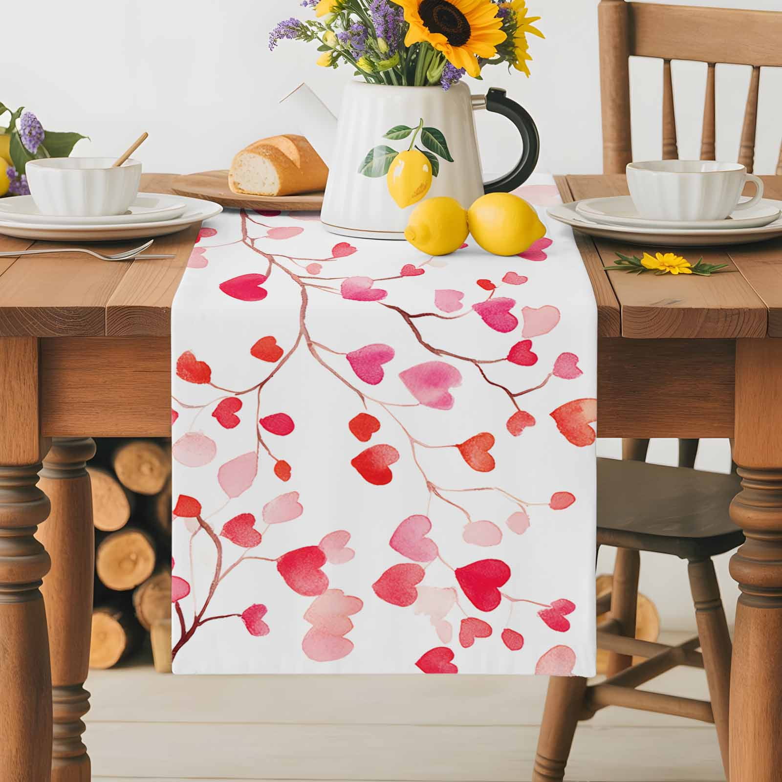 Valentine's Day Table Runner, Romantic Watercolor Red Gradient Love Heart Tree Washable Cotton-linen Table Runners Dining Kitchen Decoration for Everyday Home Wedding Party Decor, 13 x 108 Inch
