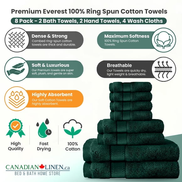 Canadian Linen Dark Green Premium Bathroom Towel Set 8 Pack 2 Pack 26x52 500 GSM Bath Towel 2 Pack Hand Towel 16x27 4 Pack Wash Cloths 12x12" Cotton Towels Body Towel Pool Towel for Home Spa Gym