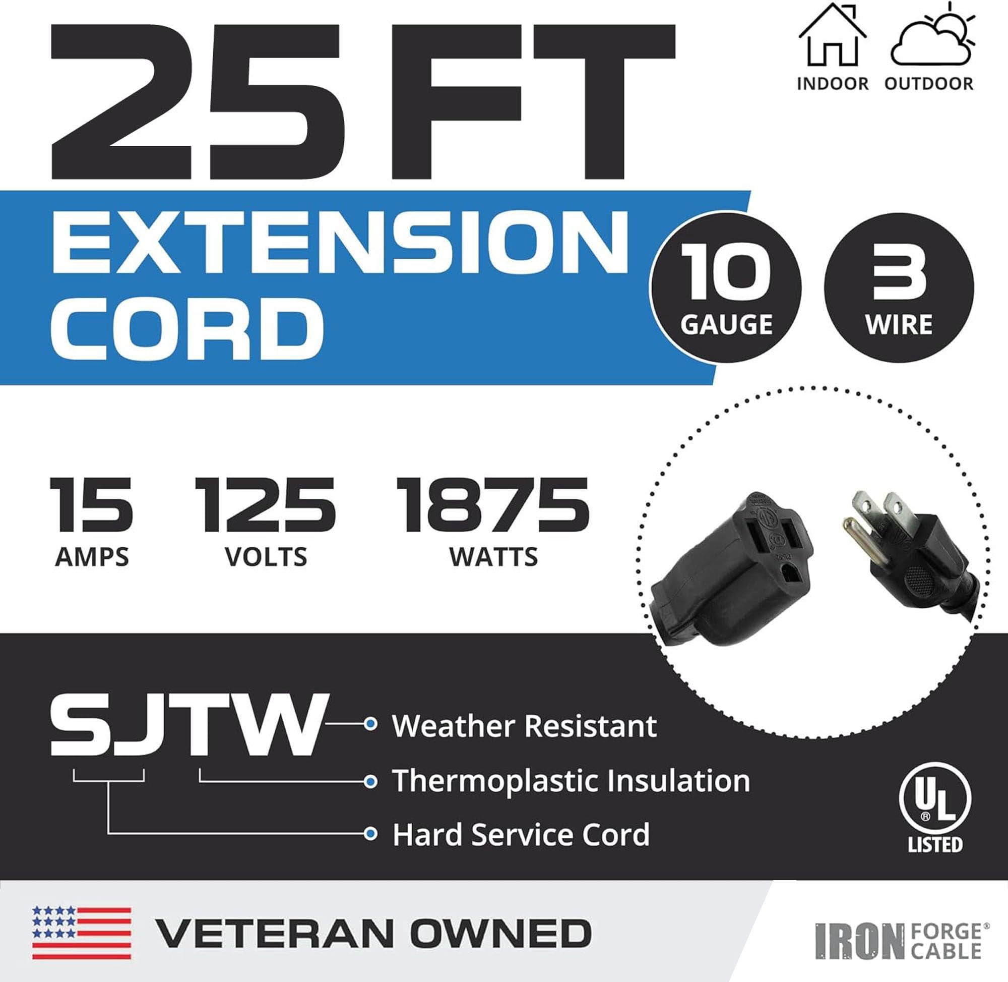 Iron Forge Cable 25 ft Lighted Outdoor Extension Cord - 10/3 SJTW Heavy Duty Black Extension Cable with 3 Prong 15 AMP Grounded Plug for Safety