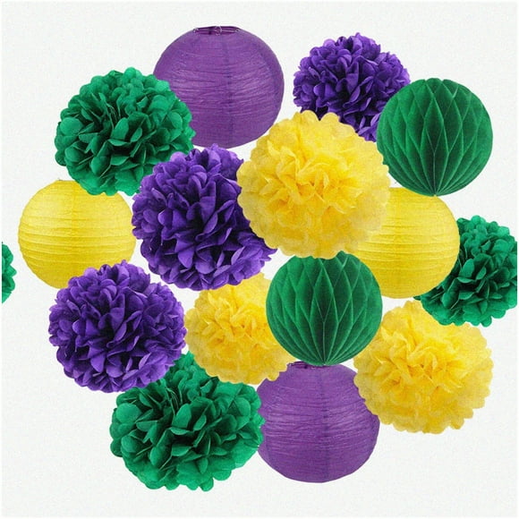 Mardi Gras Fiesta Fun Pack: Vibrant Purple, Green & Yellow Tissue Poms, Paper Lanterns & Decorations for Birthdays, Baby Showers & Parties!