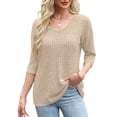 thumbnail image 4 of ManxiVoo Womens Brushed Striped V Neck Tee Shirt Artistic Retro Inspired Three Quarter Sleeve Top L Size Beige, 4 of 7