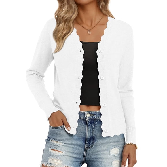 Women Cardigan Sweaters Long Sleeve Casual Light-Weight Button Down V-Neck Fall Sweater White L