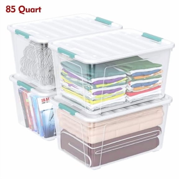 85 Quart Large Plastic Storage Bins, 4-Pack Clear Plastic Storage Box with Wheels