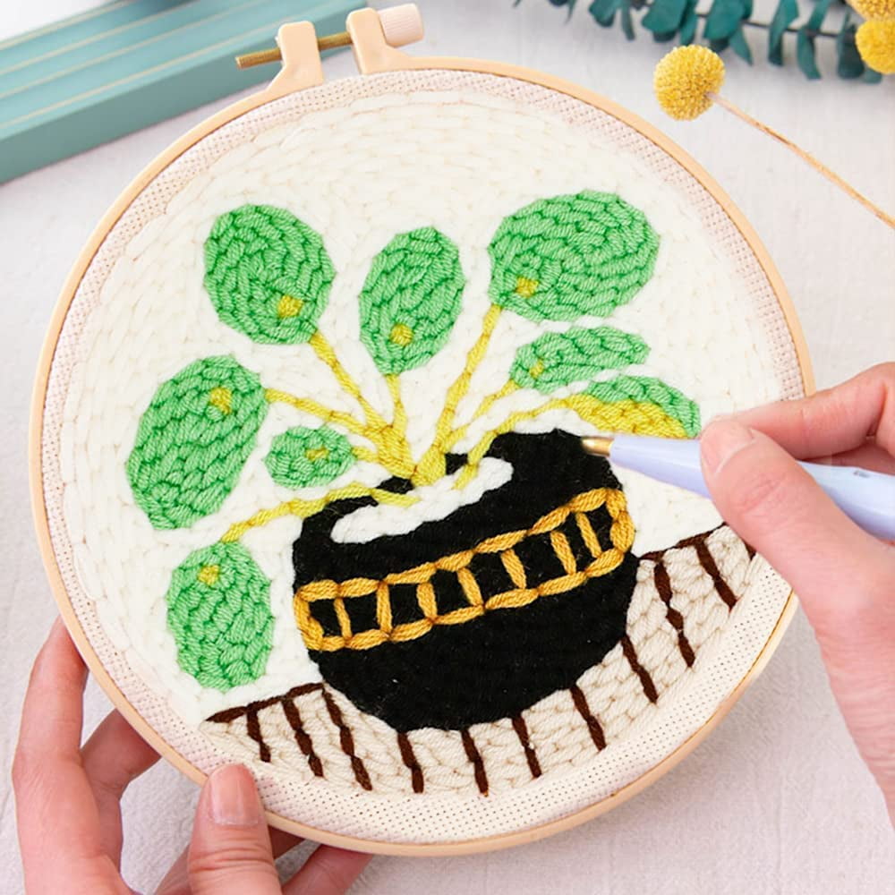 2 Pack Flowers in Vase Easy Punch Needle Embroidery Starter Kits for Kids and Adults Beginners with Punch Needle Tool,Threader, Stamped Fabric Embroidery,Hoop,Pen, Punch Needle Kits