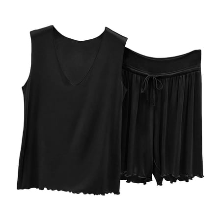 Tsesme 2picec Sleepwear Set for Women V-Neck Sleeveless Tops Ruffle Shorts Pajama Set Soft Comfy Loungewear Set Black L