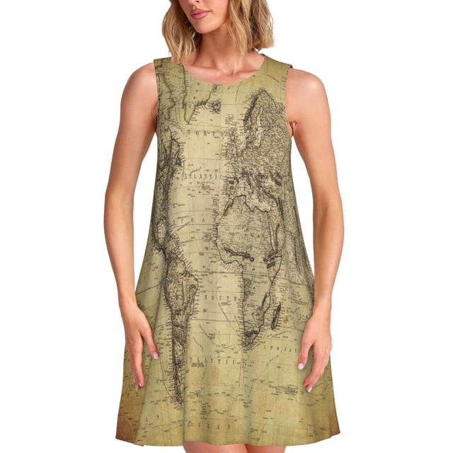 Fotbe Vintage World Map Vestido de Verano sin Mangas para Mujer – Vestido Midi Línea A, Estilo Camiseta Floral, Vestido Playero Casual y Fluido