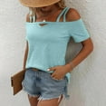 thumbnail image 5 of Wenyuyu Womens Cold Shoulder Tops Summer Solid Sexy Cut Out T-Shirts Double Straps Short Sleeve Going Out Blouses Sky Blue L, 5 of 7