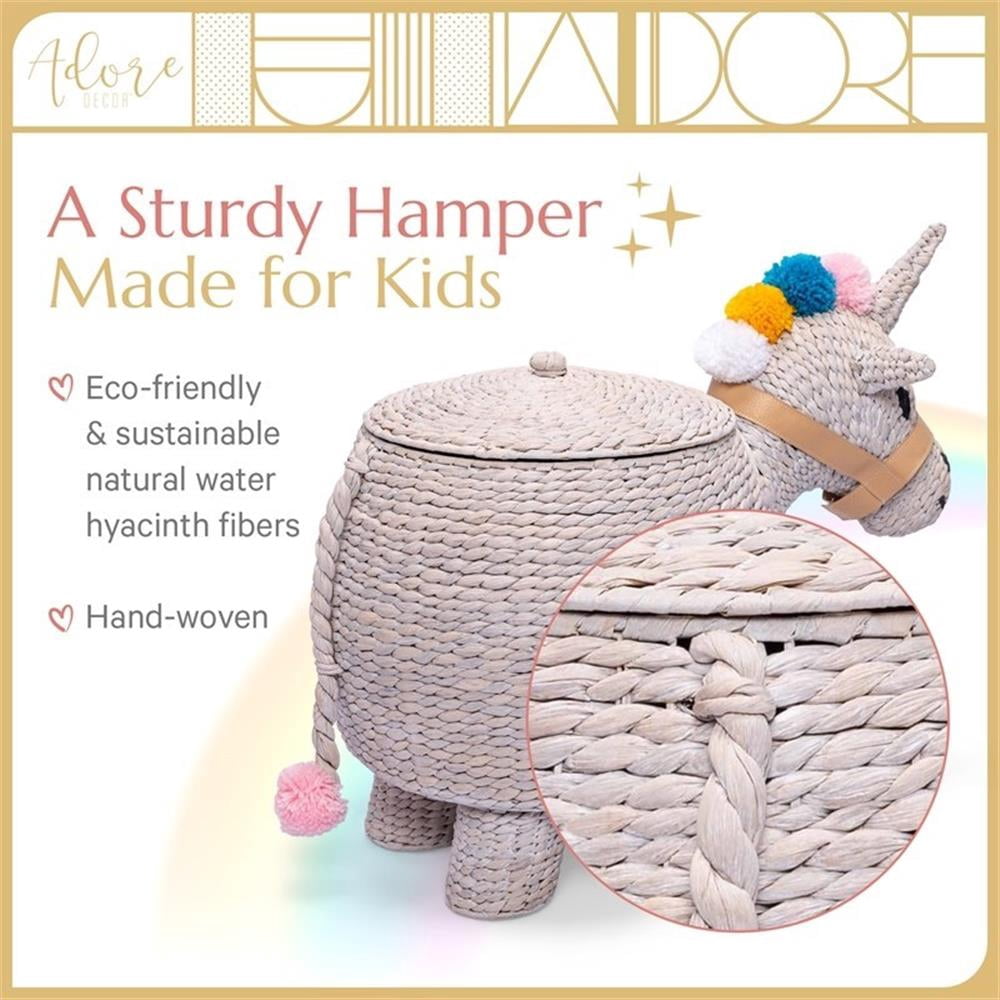 Adore Decor Unicorn Water Hyacinth Laundry Hamper Light Gray