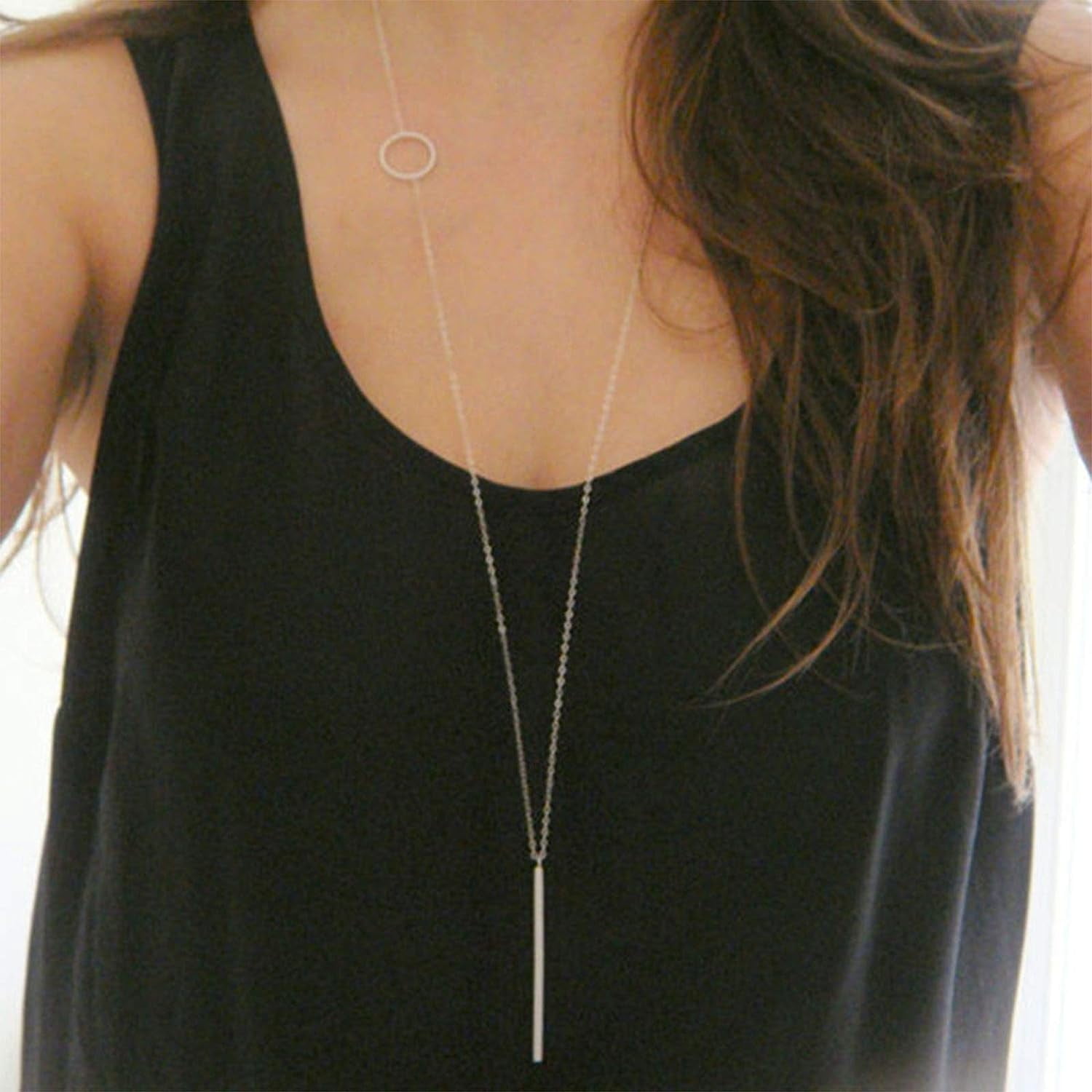 Fashion Bar Pendant Long Necklace Metal Rod Circle Long Vertical