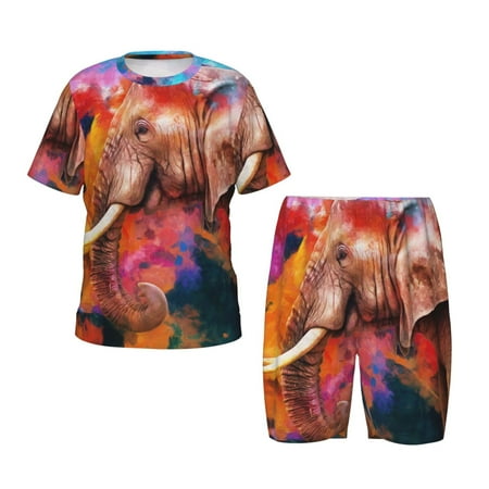 Luyuia Oil Paintings of Elephants Print Girls  2-Piece Tie-Dye Pajama Set  Cute Summer Loungewear with Shirt and Tank Shorts Nightwear-Medium