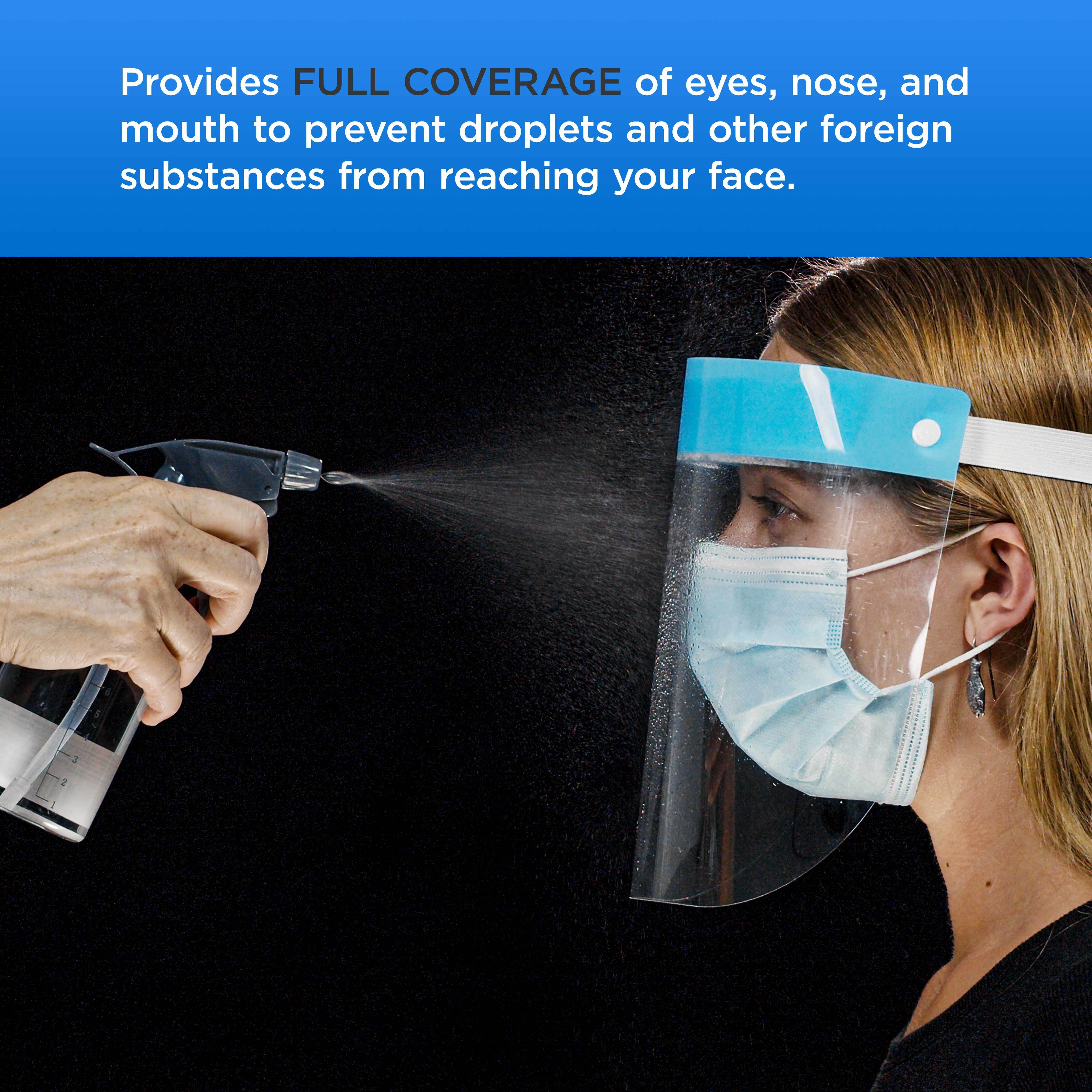 Face Shields - Case of 20 Packs (200 Shields) - Ultra Clear Protective Full Face Shields to Protect Eyes, Nose and Mouth - Anti-Fog PET Plastic, Elastic Headband