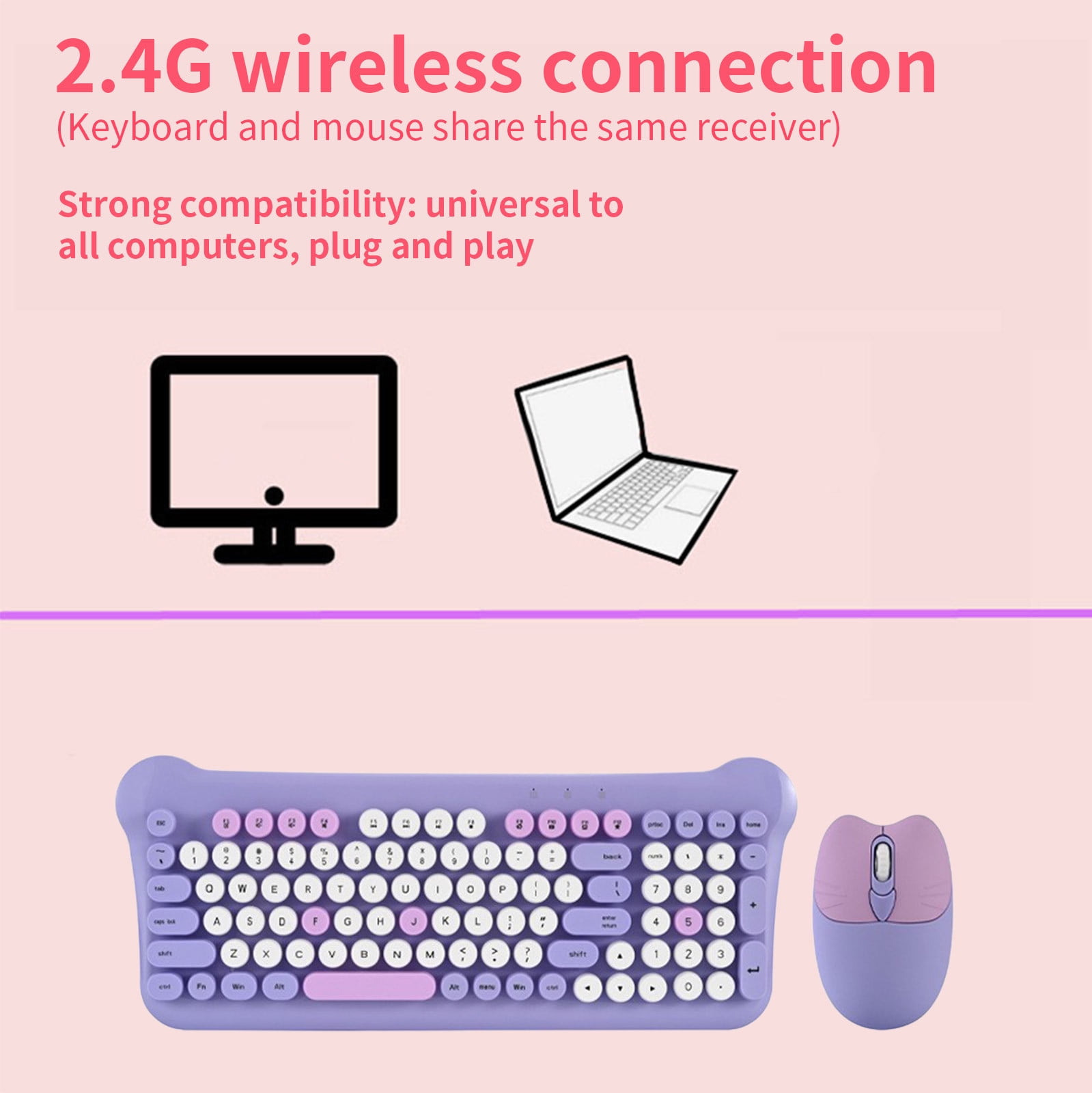 Retro Wireless Keyboard and Mouse Combo, Purple Round Keycaps, Silent Keys, 2.4G, Power Saving, for PC Laptop, Plug & Play, Batteries Included