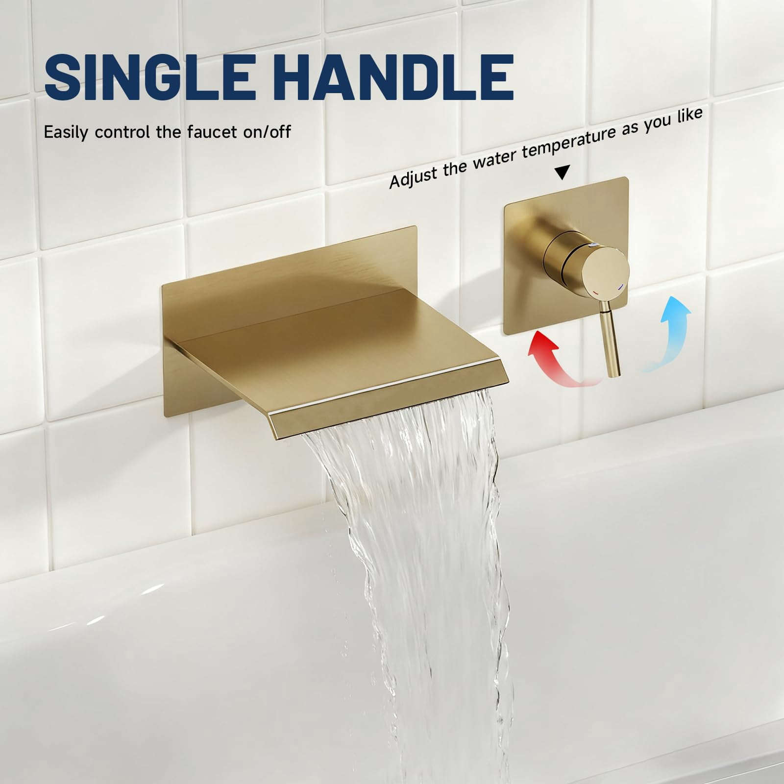Wall Mount Bathtub Faucet Brushed Gold Single Handle Modern