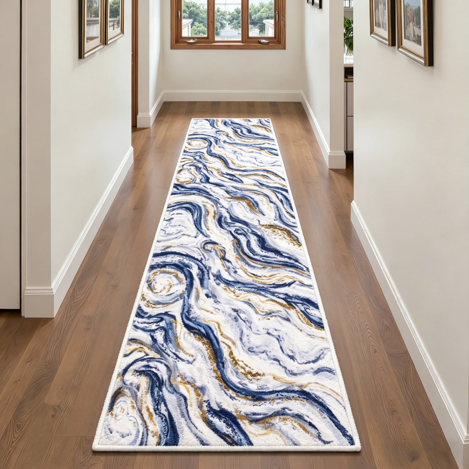 Runner Rugs for Hallway, Yamaziot 2'x8' Abstract Runner Rug, Washable Non Slip Blue Modern Bedroom Carpet Accent Rug Kitchen Runner Laundry Room Mat