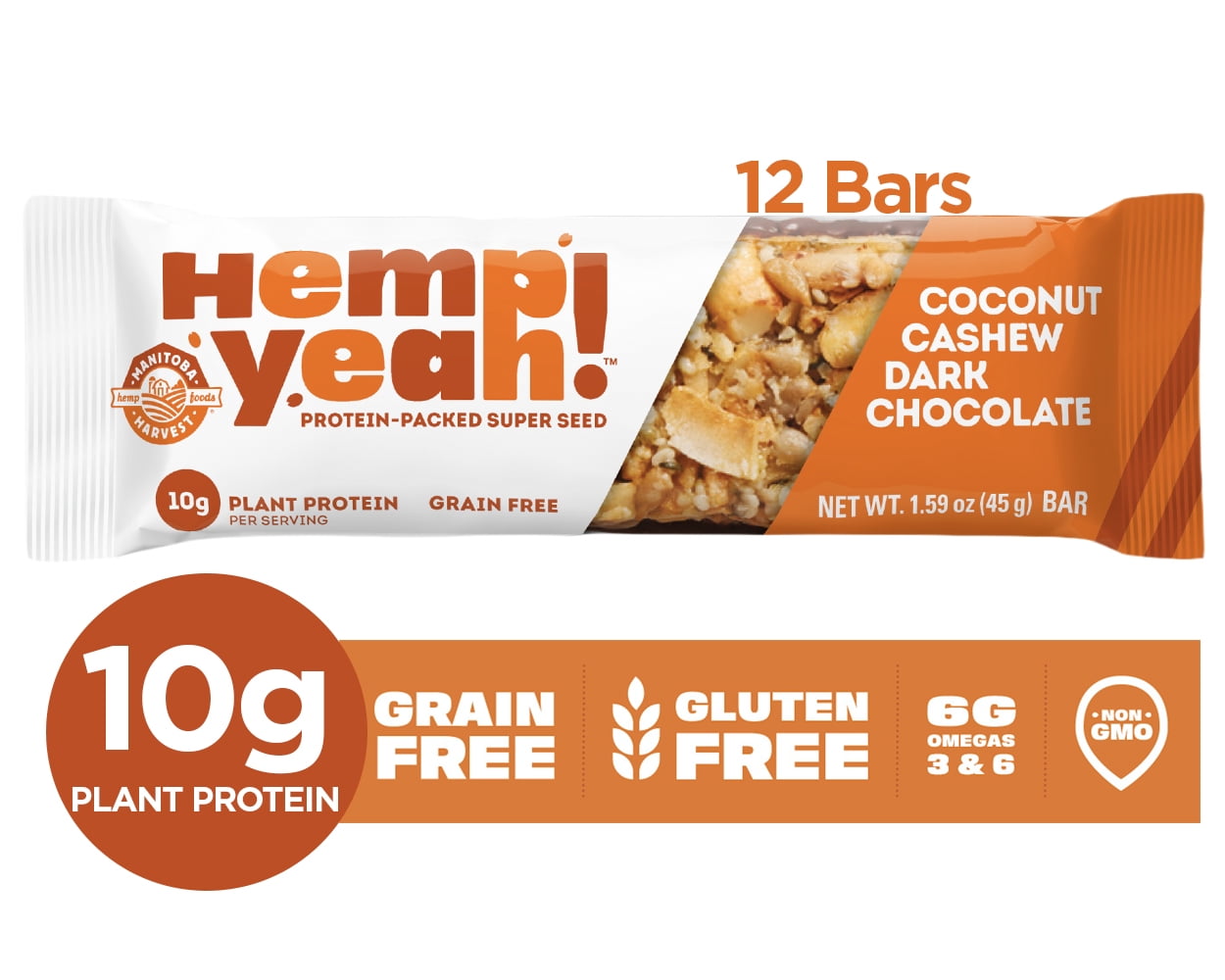 Manitoba Harvest Hemp Yeah! Bar, Coconut Cashew Dark Chocolate, 12 Ct