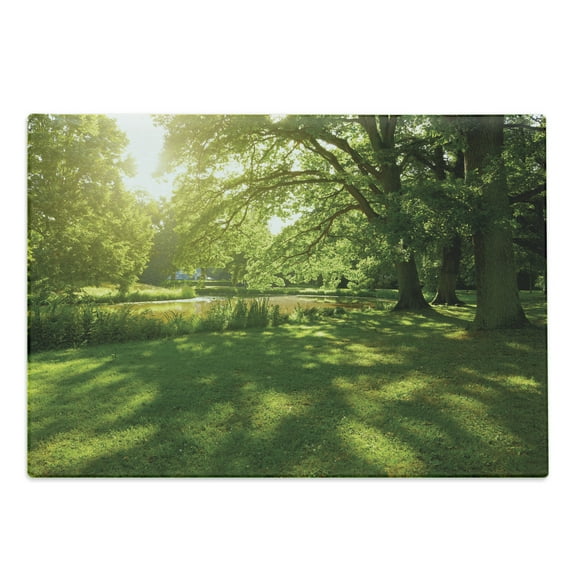 Green Cutting Board, Summer Park in Hamburg Germany Trees Sunlight Forest Nature Theme Scenic Outdoors Picture, Decorative Tempered Glass Cutting and Serving Board, Large Size, Green, by Ambesonne