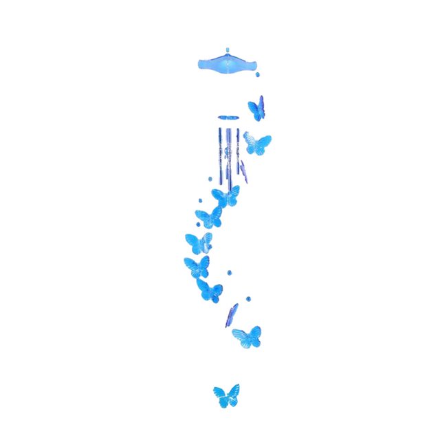 campanas de viento de mariposa campanas de viento de color decoración de jardín al aire libre regalos de jardín wmkox8yii hkahfkah611 Producto de importación colgante de carillón azul de 70 cm en hierro con tubos cortos y mariposas recortadas en hilera, vista frontal colgando con anilla superior y acabado pintado; ideal para decorar patio, balcón o porche y a menudo usado para ambientar interiores.