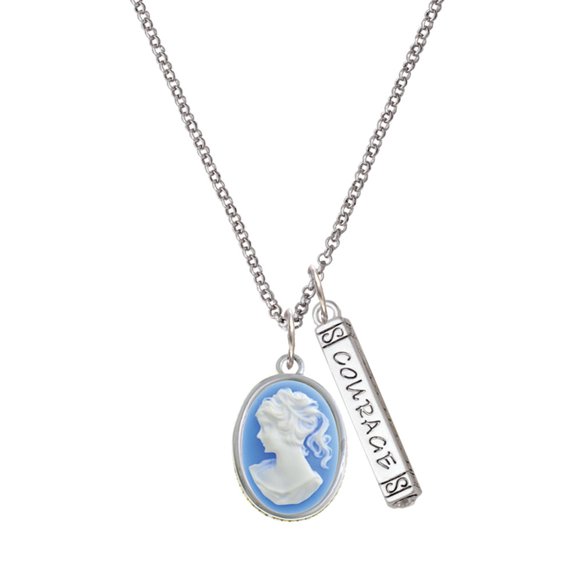 Delight Jewelry Silvertone Small Blue Oval Cameo Silvertone Courage Strength Wisdom Honesty Bar Charm Necklace, 23"
