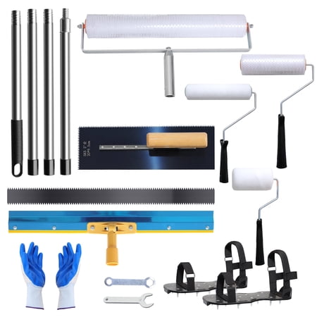 Self Leveling Cement Tool Kit Concrete Floor Epoxy Tool Kit with Spiked Roller Painter Roller Stainless Steel Rake Spike Shoes 63 in Extension Poles Trowel and Gloves for Self Leveling