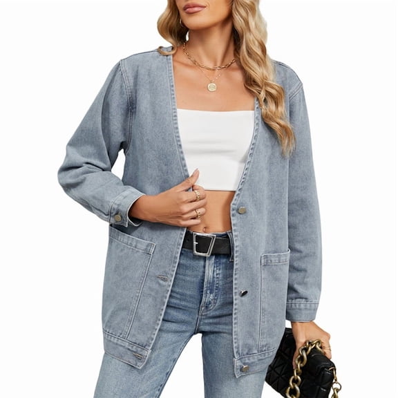 Women Fall Fashion Button Down Denim Cardigan Jackets Trendy V Neck Long Sleeve Jean Winter Coat Outerwear Blue S