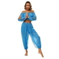 thumbnail image 2 of TiaoBug Womens Belly Dance Costume Long Sleeve Off Shoulder Crop Top+Sequined Dots Chiffon Pants Set Sky Blue One Size, 2 of 6