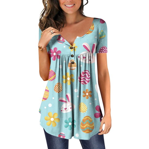 Blusa con estampado de manga corta y cuello redondo con botones informales y cómodos a la moda para mujer OAVQHLG3B Store lin121212