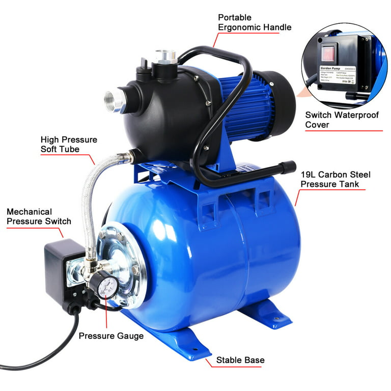 1.6HP Shallow Well Pump with Pressure Tank, Garden Water Pump, Irrigation  Pump with Automatic Jet Pump and Stainless Steel Head, Electric Water