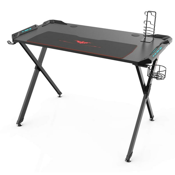 Offex Gaming Pc Computer Desk Table With Led Lights Large Carbon