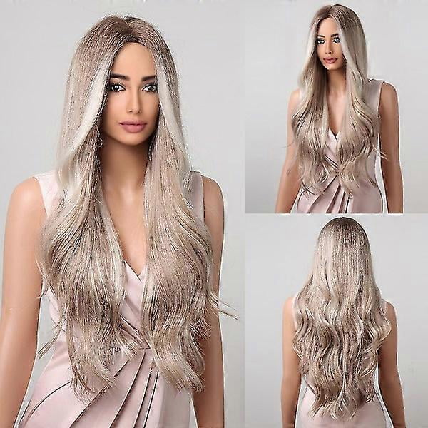 Alan Eaton Platinum Blonde with White Highlights Dark Roots Synthetic Hair Wigs for Women Long Wavy Cosplay Wig.