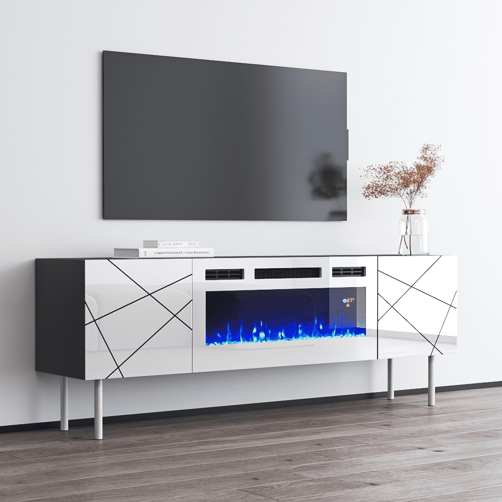 London WH-EF Fireplace TV Stand for TVs up to 70", Modern High Gloss 63" Entertainment Center, Electric Fireplace TV Media Console with Storage Cabinets