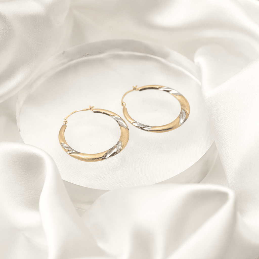 PORI JEWELERS 14K Solid Gold Two-Tone Diamond-Cut Satin Round Hoop Earrings for Adults, 2x25mm