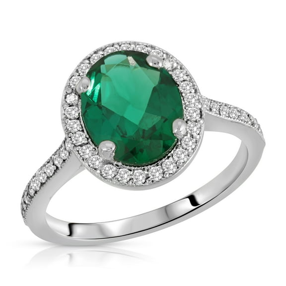 Galaxy Gold Stunning 2.15 Carat Total Weight 14K Solid White Gold Emerald and Natural Diamonds Halo Ring Brilliant Oval Shape Cut and Round Diamonds Anniversary Engagement Promise Ring (9)