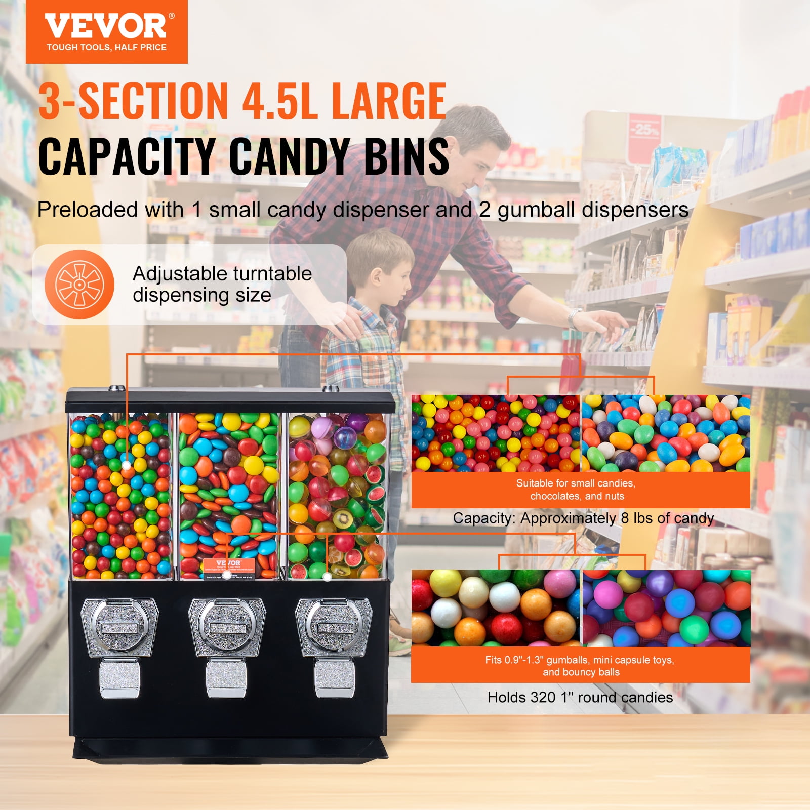 VEVOR Commercial Vending Machine, Triple Compartment Candy Dispenser with Iron Stand, Gumball and Candy Machine for Business,Coin Operated Gumball Bank for Toy Capsules Bouncy Balls Candy Nut,Black