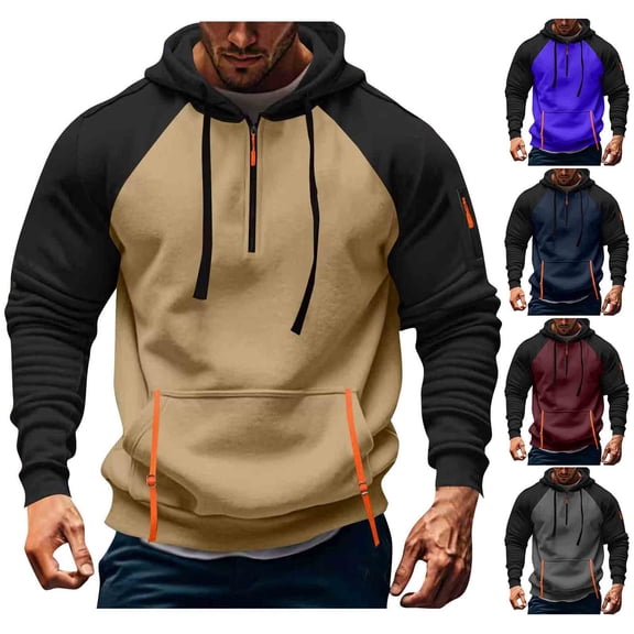 LWITHSZG Mens Quarter Zip Pullover Fall Winter Long Sleeve Going Out Tops Trendy Patchwork Color Block Hooded Sweatshirt with Pocket Size XXL