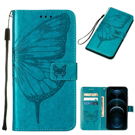 Dteck Google Pixel 6 Case Wallet Case Magnetic Closure Flip PU Leather Wrist Strap Credit Card Holder Slots With Kickstand Butterfly Patterned Shockproof Cover For Google Pixel 6 Blue