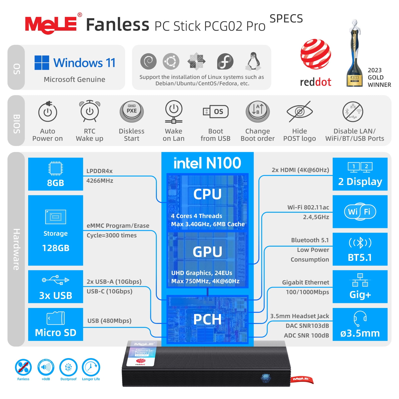 MeLE N100 Fanless Mini PC Stick PCG02 Pro, 8GB 128GB Windows 11 4K Mini Desktop Computer