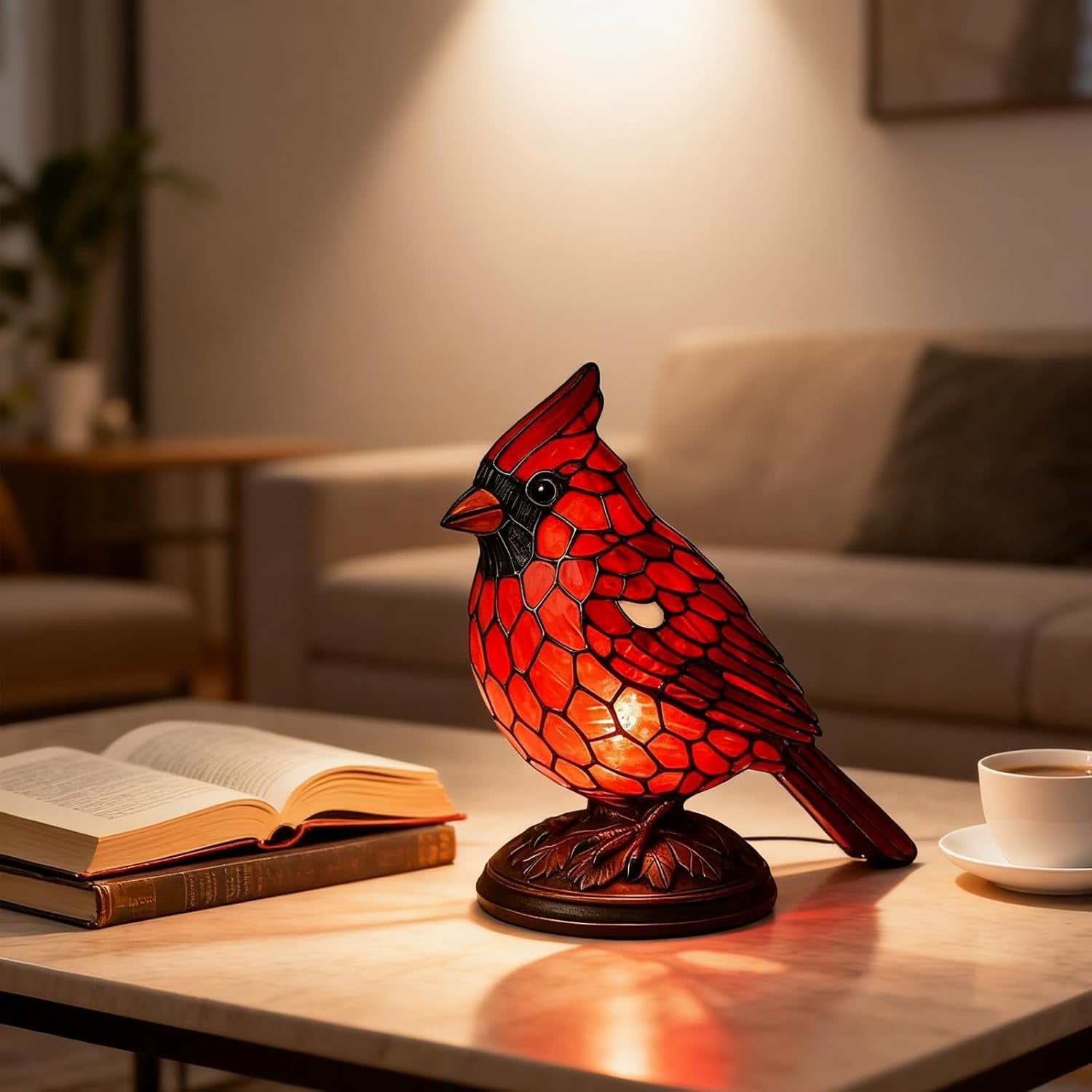 YUNOVA Cardinal Lamp Stained Glass, Handmade Red Bird Table Light with Warm LED Bulb, Christmas Decoration for Home Office Desk, Memorial Gift for Loved Ones, Gift Idea with Symbolic Meaning