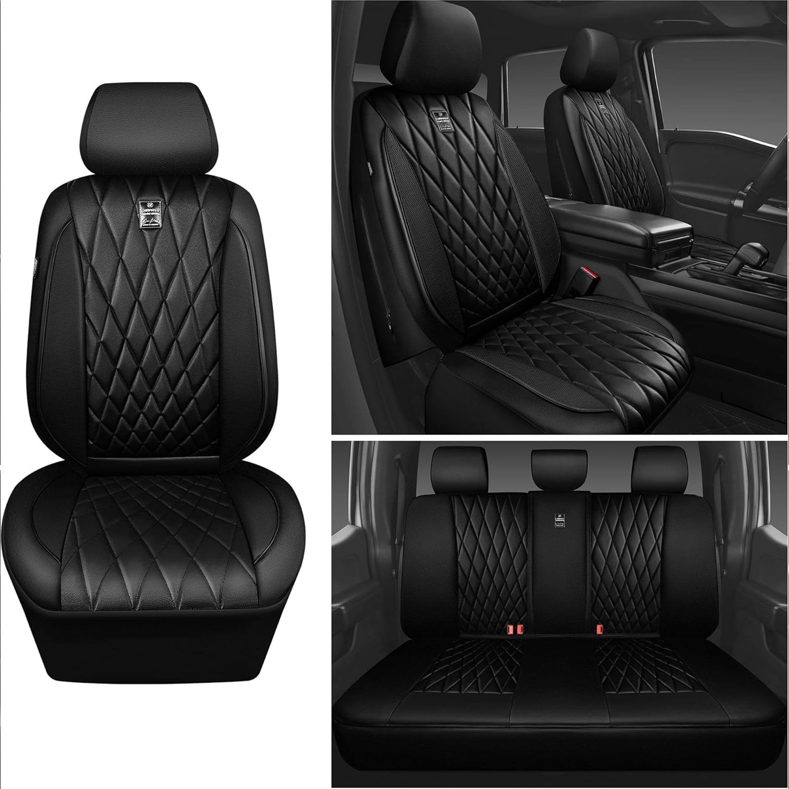 CAR GRAND piping luxury faux PU leathertwo front car seat covers water proof armrest compatible airbag compatible univrsal fit SUV VAN Truck All black