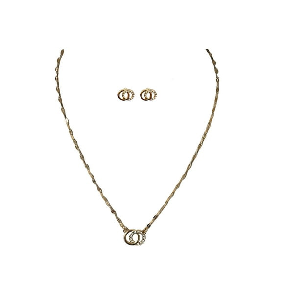 Time and Tru Interlocking Circles with Stones Earrings and Necklace 2 Piece Set Gold Plated for Female Adults and Teens