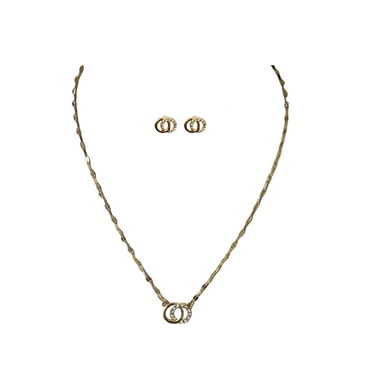 Time and Tru Interlocking Circles with Stones Earrings and Necklace 2 Piece Set Gold Plated for Female Adults and Teens