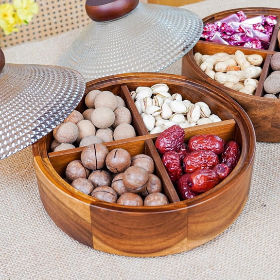 Wooden Snack Box with Glass Lid, 4-Compartment Serving Tray for Nuts Candy Dried Fruits Multipurpose Storage Container for Home Parties