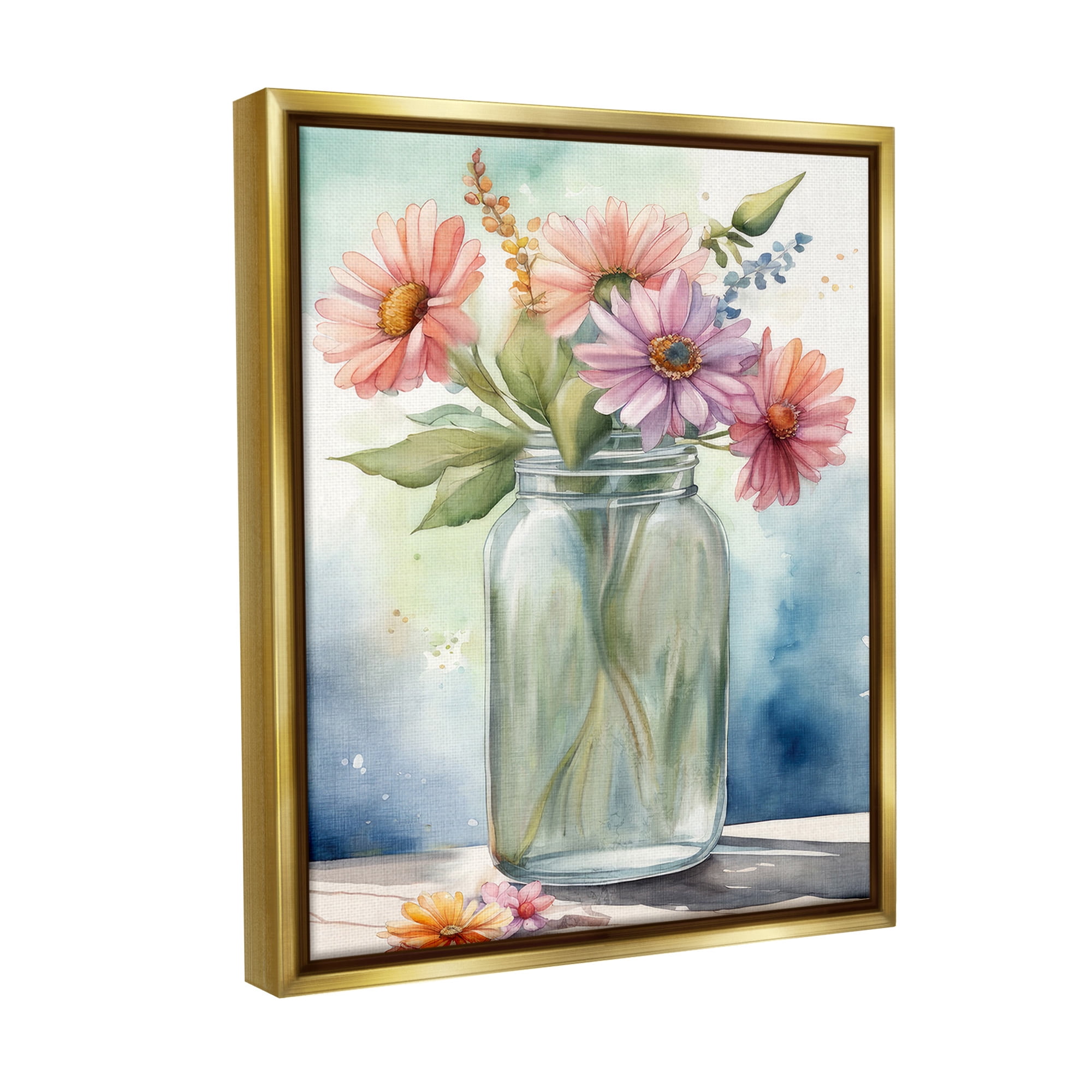 Stupell Industries Gerbera Daisies in Jar Botanical & Floral Painting Gold Floater Framed Canvas Art Print Wall Art, 25 x 31