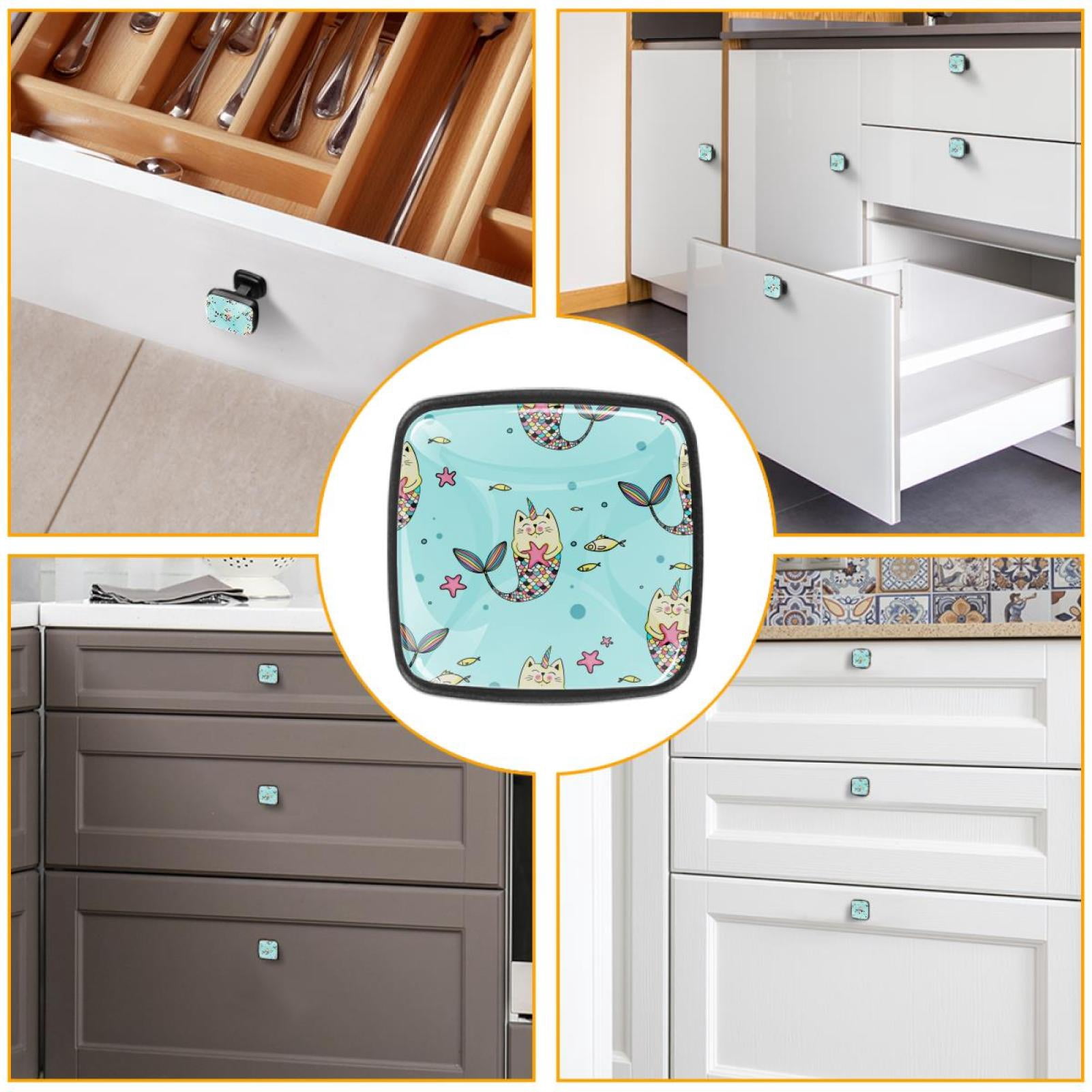 4 Pcs Cabinet Handle Drawer Pulls Cat Mermaid Blue Knobs with Screws Square Furniture Office Cabinet Knob Decoration
