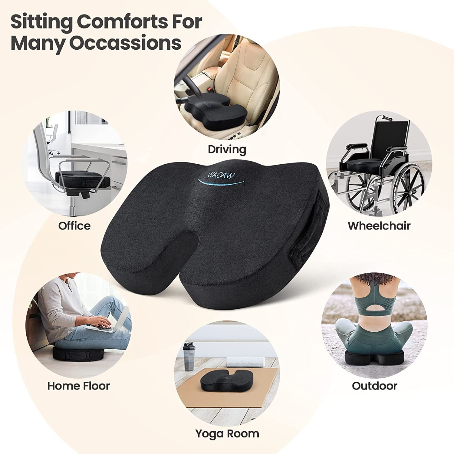  WAOAW Seat Cushion, Office Chair Cushions Butt Pillow for Car  Long Sitting, Memory Foam Chair Pad for Back, Coccyx, Tailbone Pain Relief  (Black) : Office Products