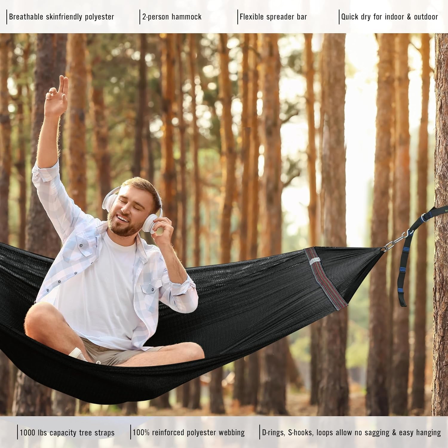 Tranquillo 600lb Capacity 2 Persons 2 Hammocks Included/Foldable Portable Hammocks with Stand, Tree Straps, Carry Bags for Garden Camping, Black