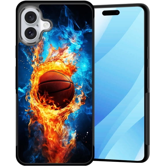 for iPhone 17 Case, Hard PC Soft TPU Bumper Anti-Slip Ultra Thin Cover Protective Shockproof Case for iPhone 17 6.3 inch 2025, Ice and Fire Basketball