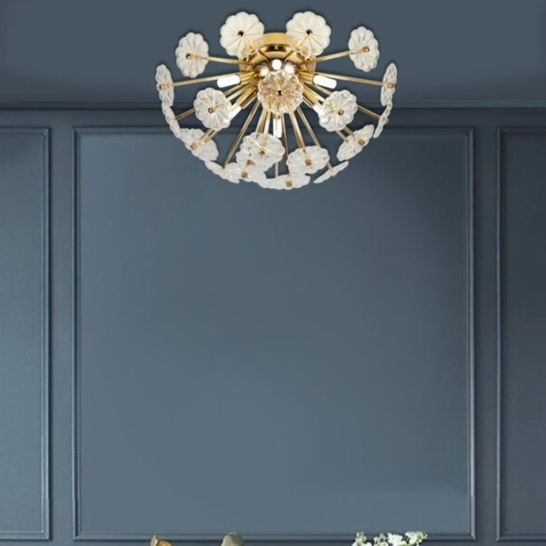Noble House 19.7" Flush Mount Ceiling Light, Modern Flower Glass Petal Chandelier for Bedroom and Hallway, Golden