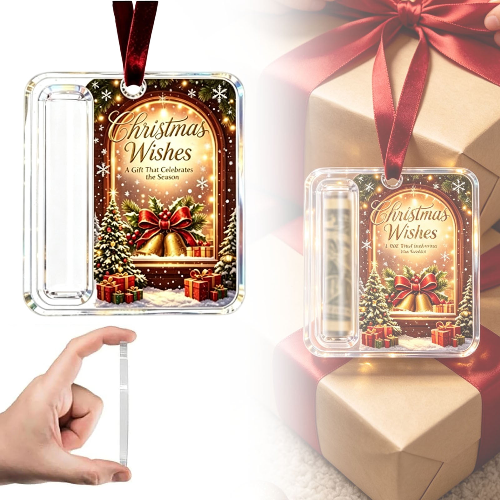 Surprise Christmas Cash Gift Ornament Clear Acrylic Holiday Money Holder with Red Velvet Ribbon Xmas Tree Decoration for Creative Cash Giving 1 PC