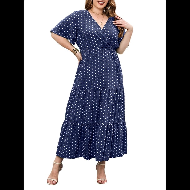Vestido Informal de Lunares para Mujer, Talla Grande, de Verano, Corta, Cuello en V, Holgado, Escalonado Azul XXL